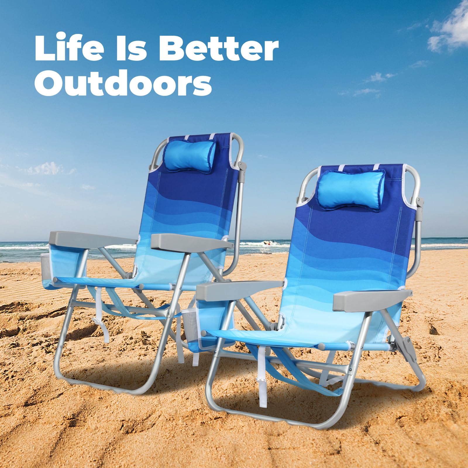 Join Nature Tall Beach Chair Wave Blue outdoor-ready design supports travel and campsite setups.