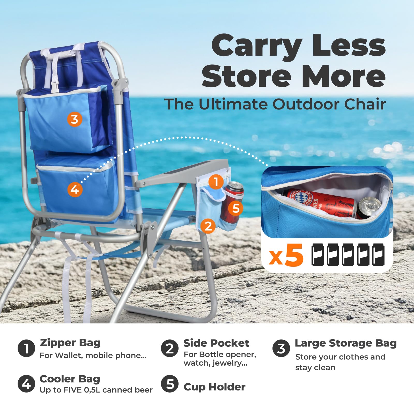 Join Nature Tall Beach Chair Wave Blue storage pocket and cup holder keep essentials within reach.