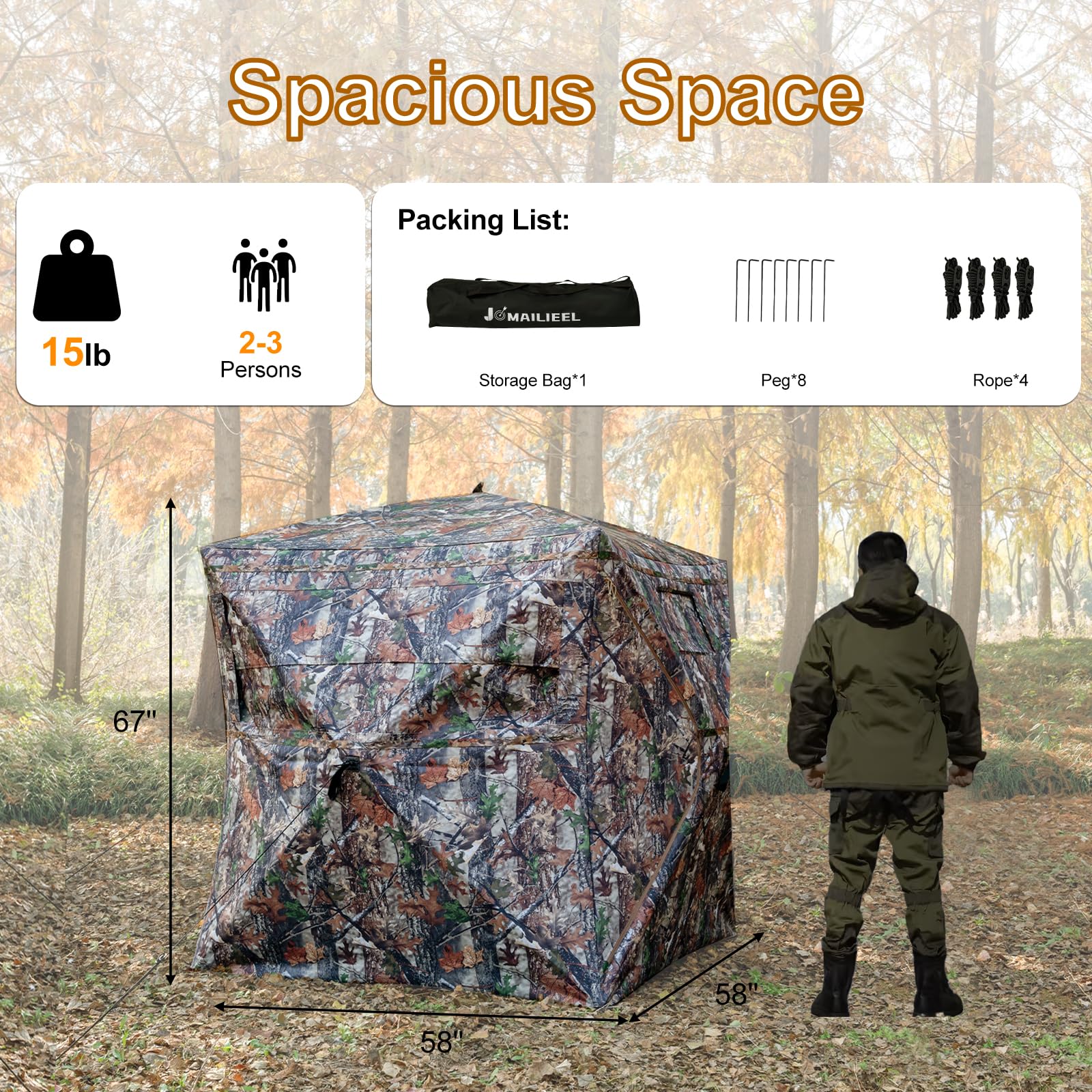 JOMAILIEEL 70x70x80 blind provides space for 3-4 hunters.