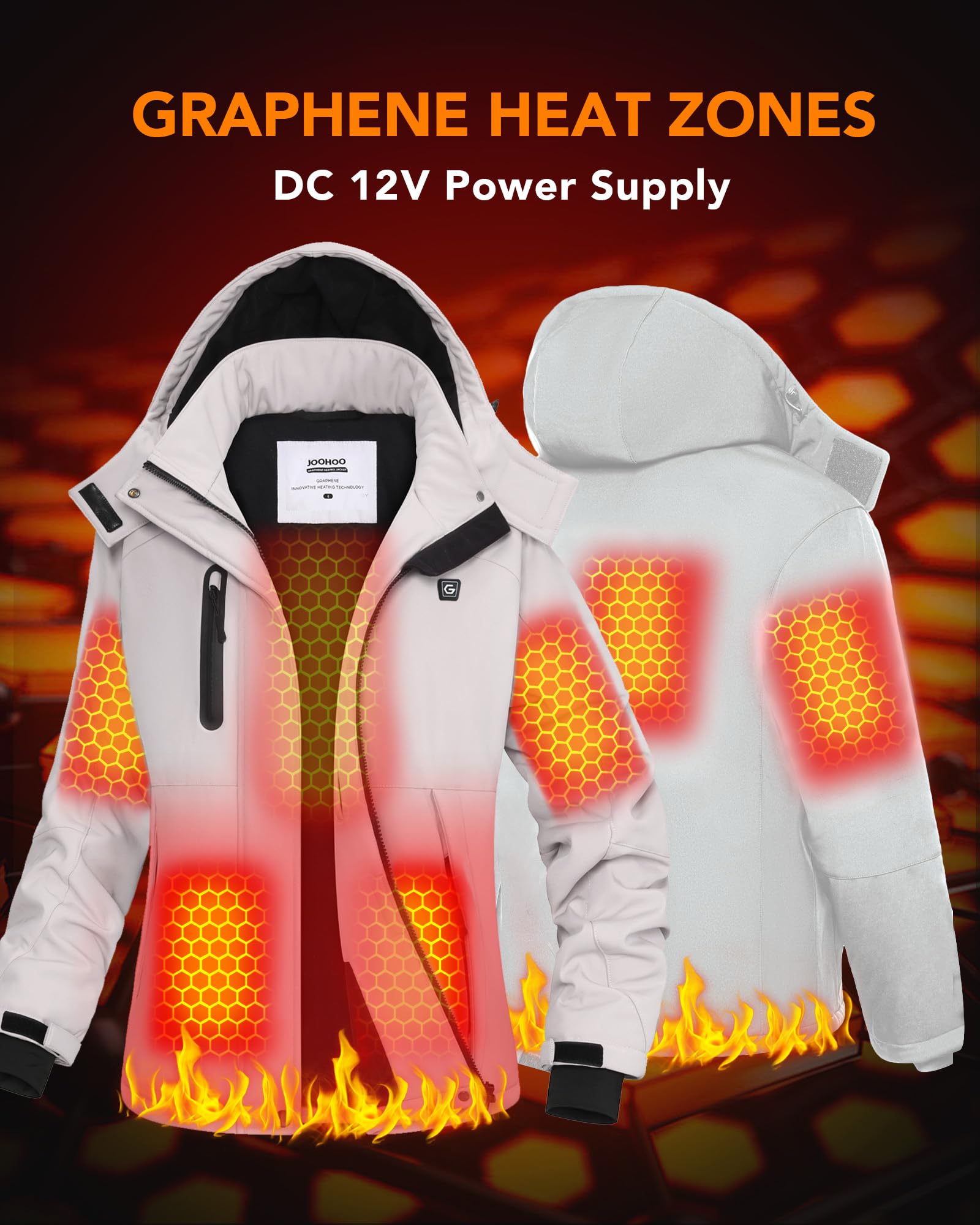 The joohoo heated jacket waterproof windproof outer shell protects against winter weather.