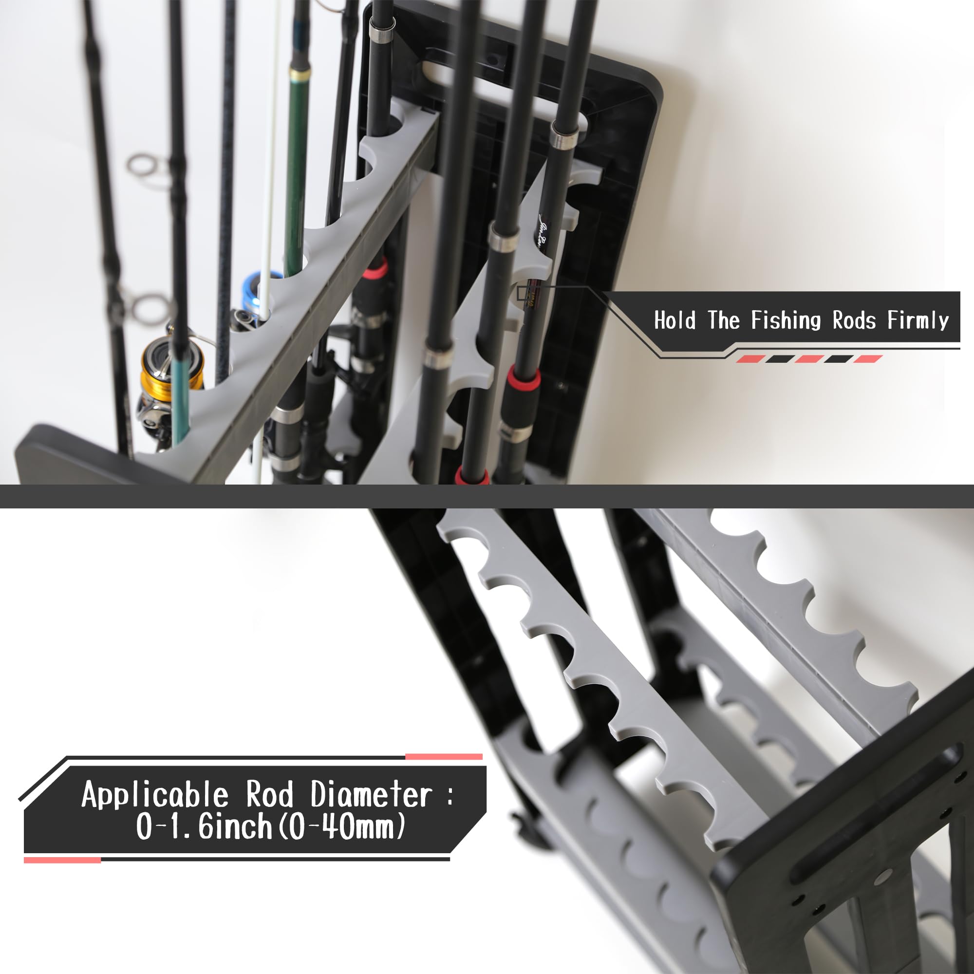 Vertical floor storage rack holding up to 16 fishing rods