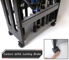 Rods and reels securely stored in the vertical rack