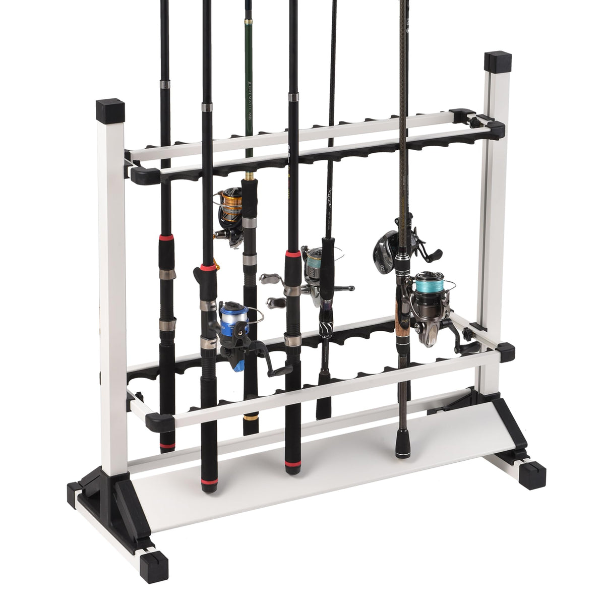 Jorazor 24-slot fishing rod rack in white showing 24 rod slots