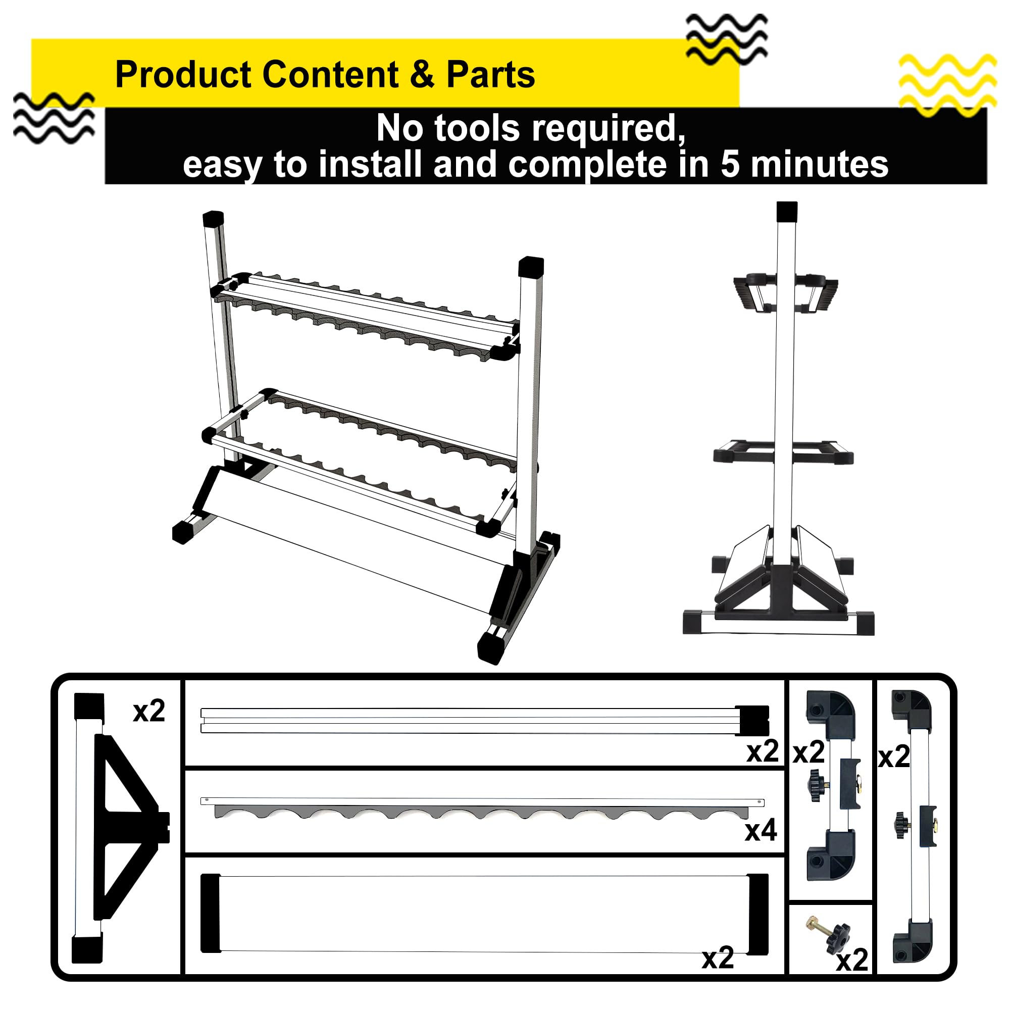 Vertical rod storage rack with multiple rods and reels