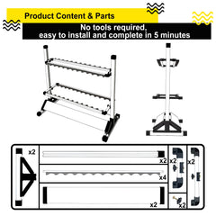 Vertical rod storage rack with multiple rods and reels