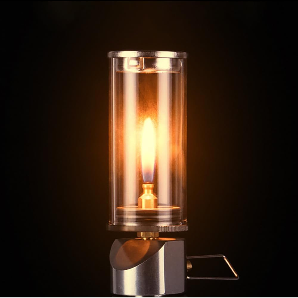 Jorzer camping lantern lit at dusk creates campsite ambience.
