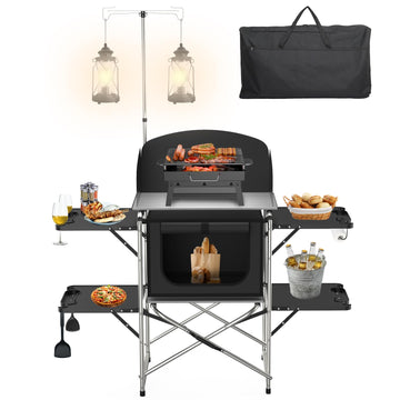 JOUYEK camping table with windscreen offers a stable outdoor cooking surface.