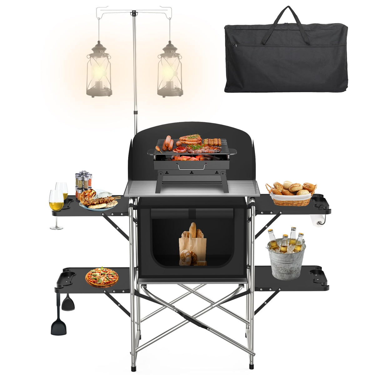 JOUYEK camping table with windscreen offers a stable outdoor cooking surface.