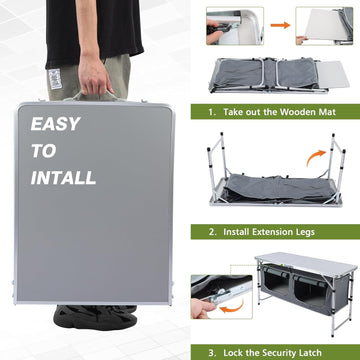 JOUYEK camping table folds compactly for portable camping.