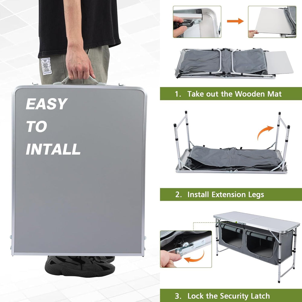 JOUYEK camping table folds compactly for portable camping.