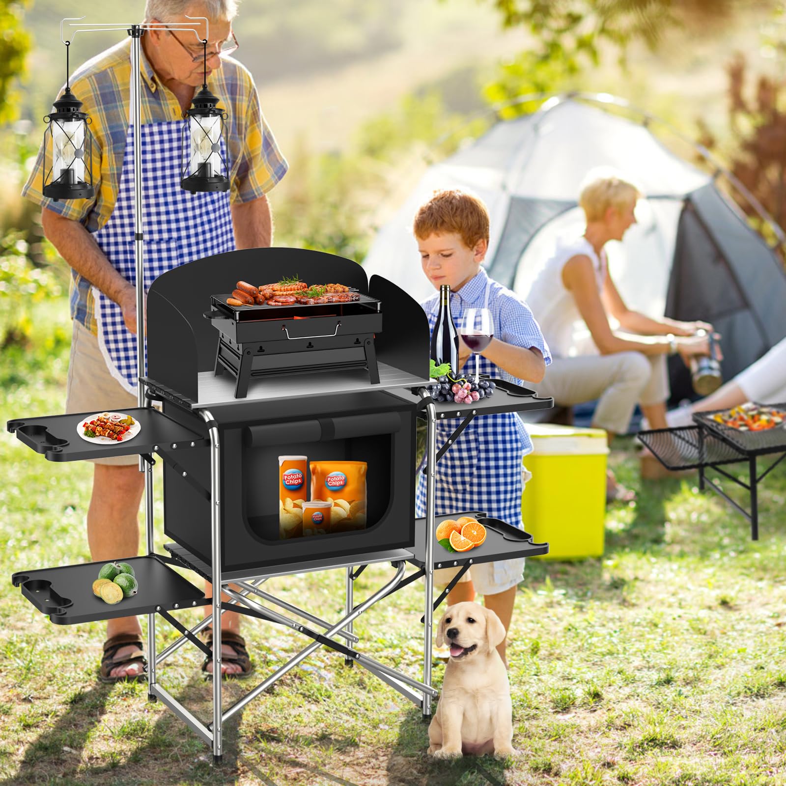 JOUYEK camping table's side tables and hooks keep utensils within reach.