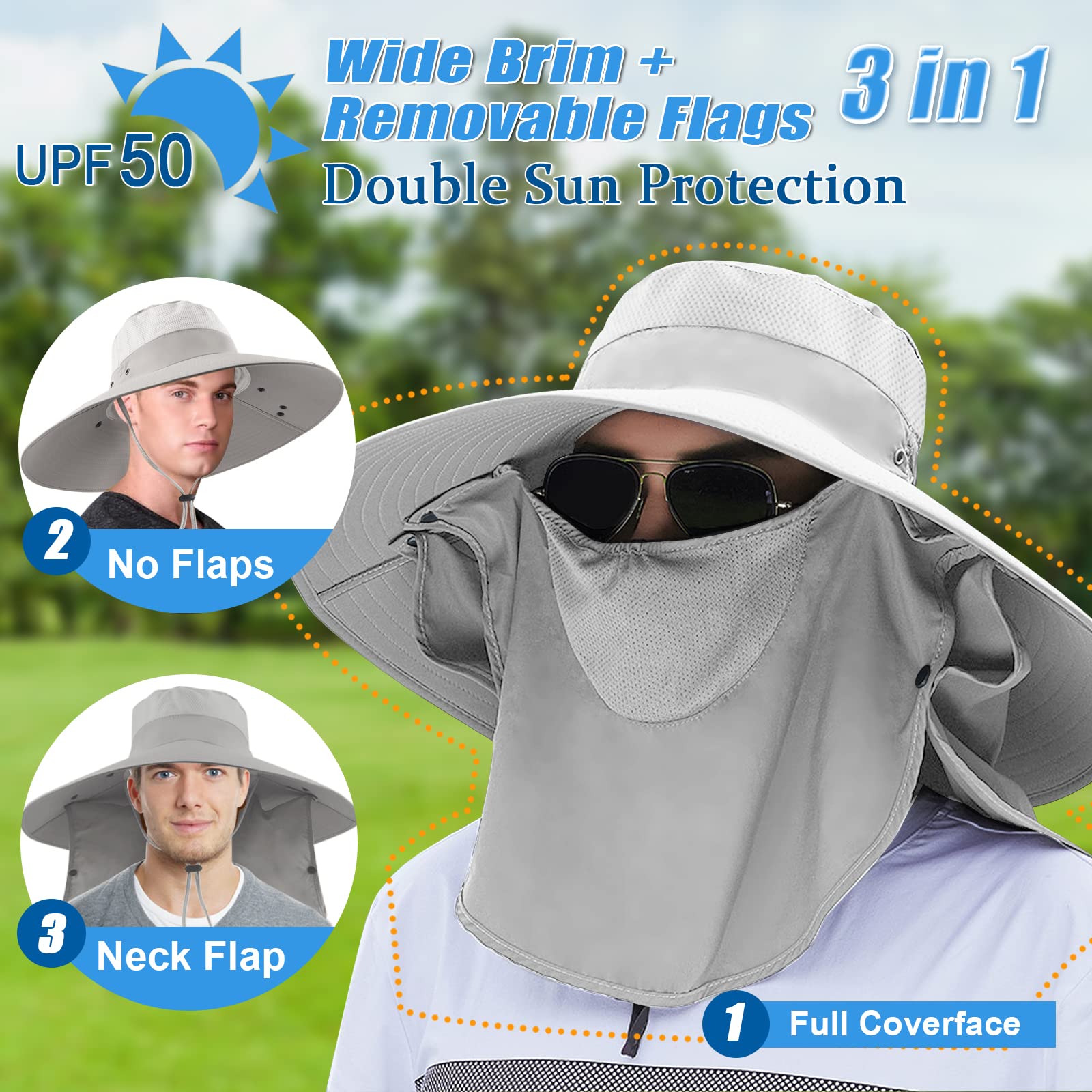 Side view showing 15 cm wide brim and removable neck flap