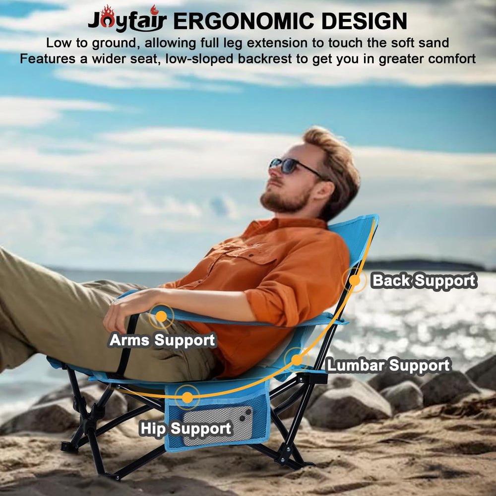 Joyfair beach camping chair cup-holder blue keeps drinks within reach