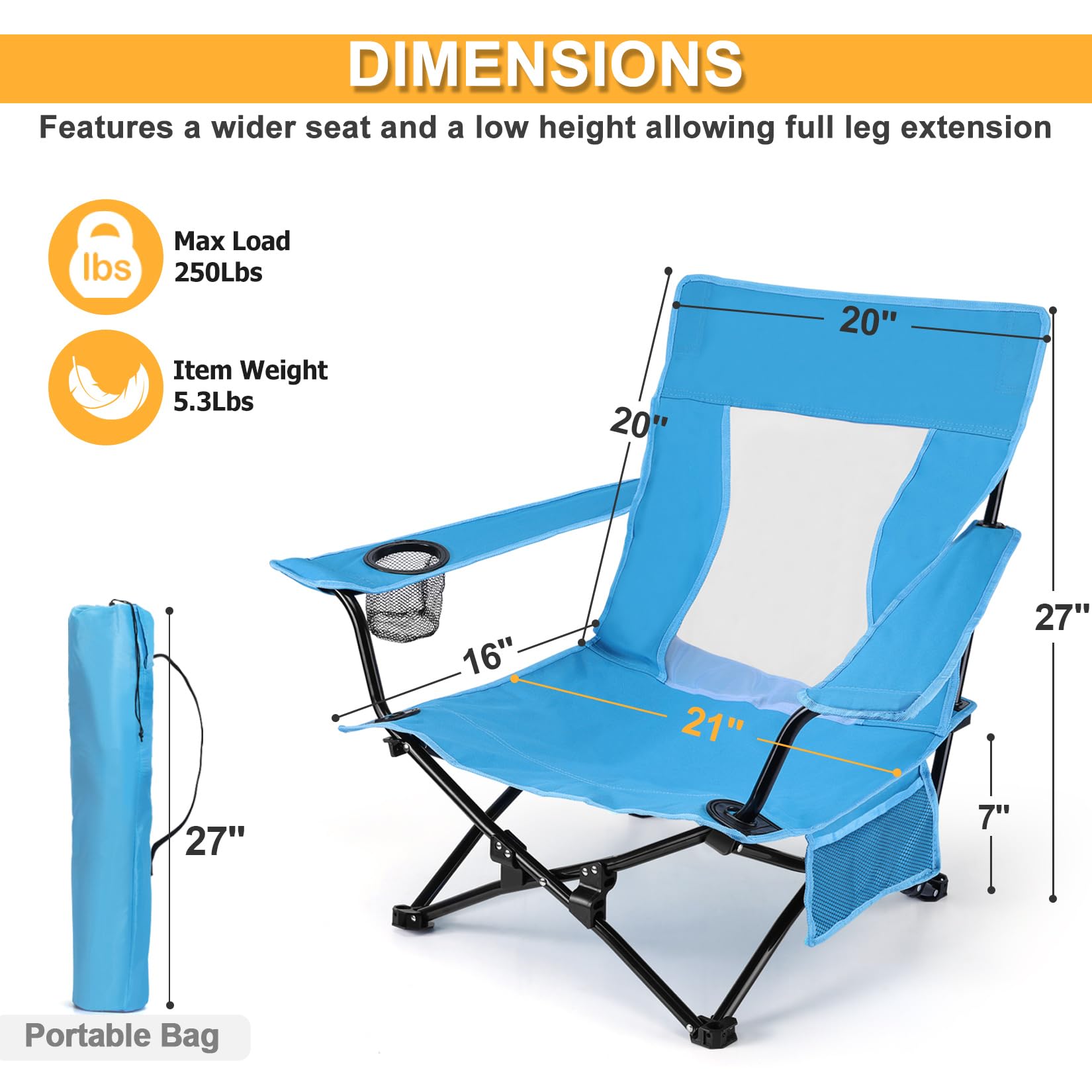 Joyfair beach camping chair side-view blue compact easy-to-carry profile for adventures