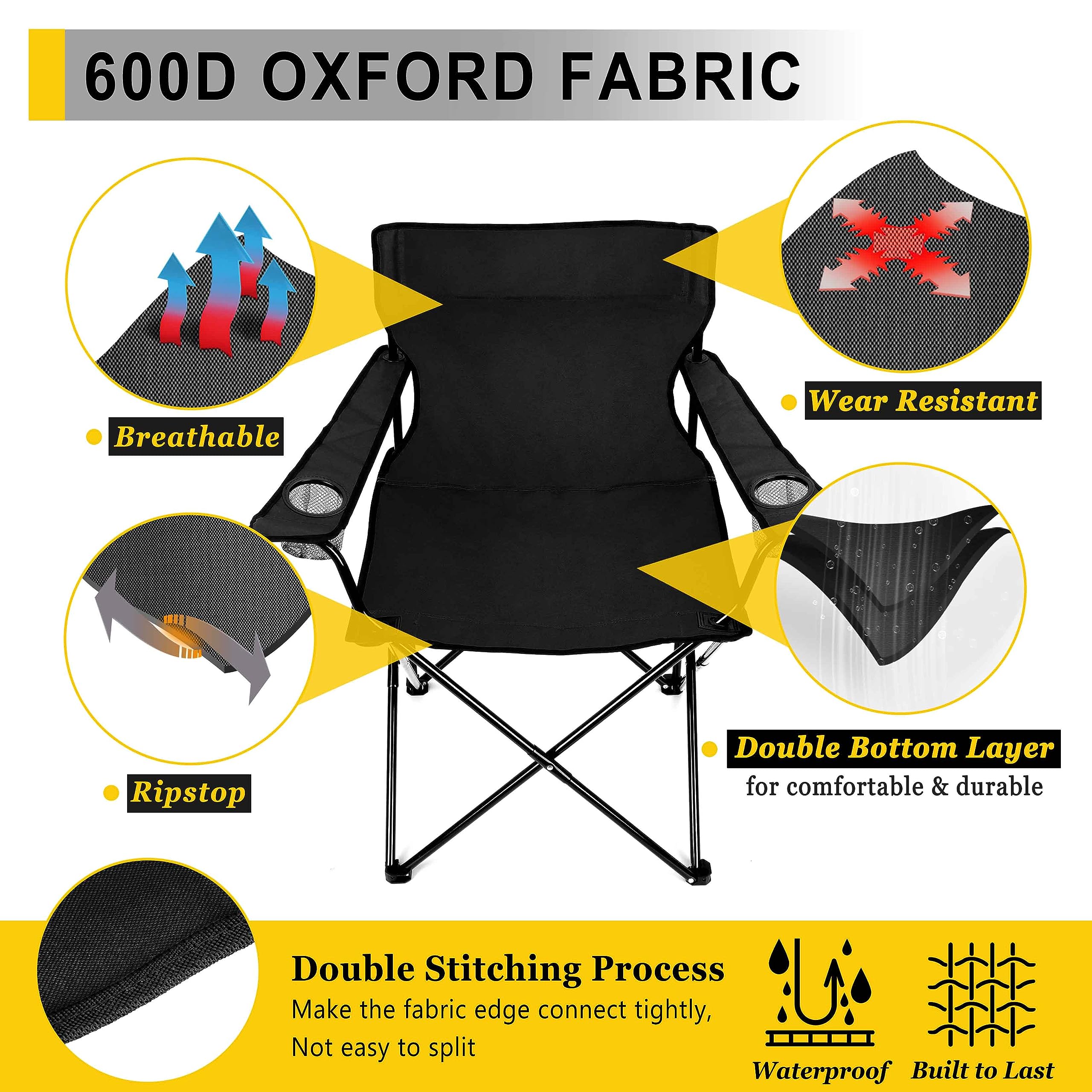 Joyfair portable camping chair with cup holder keeps beverages within reach.