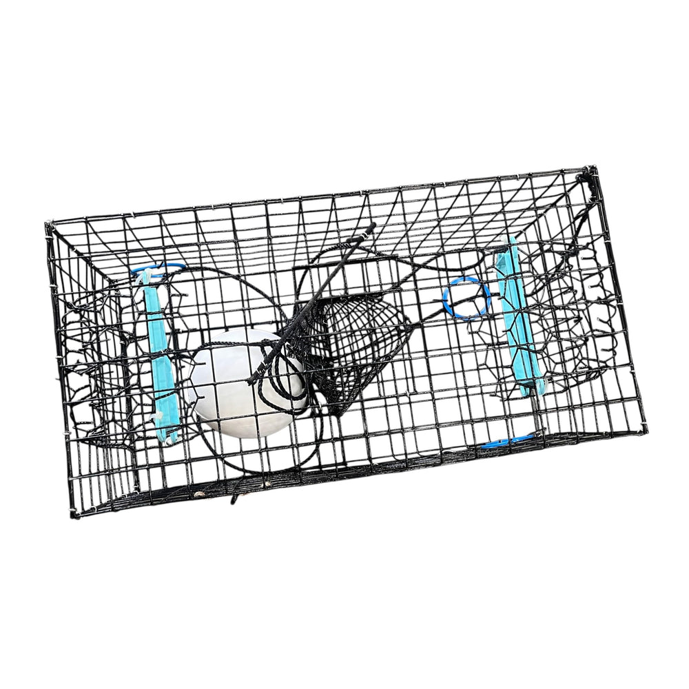 Complete crab trap with gauge, chum bag, and assembly components