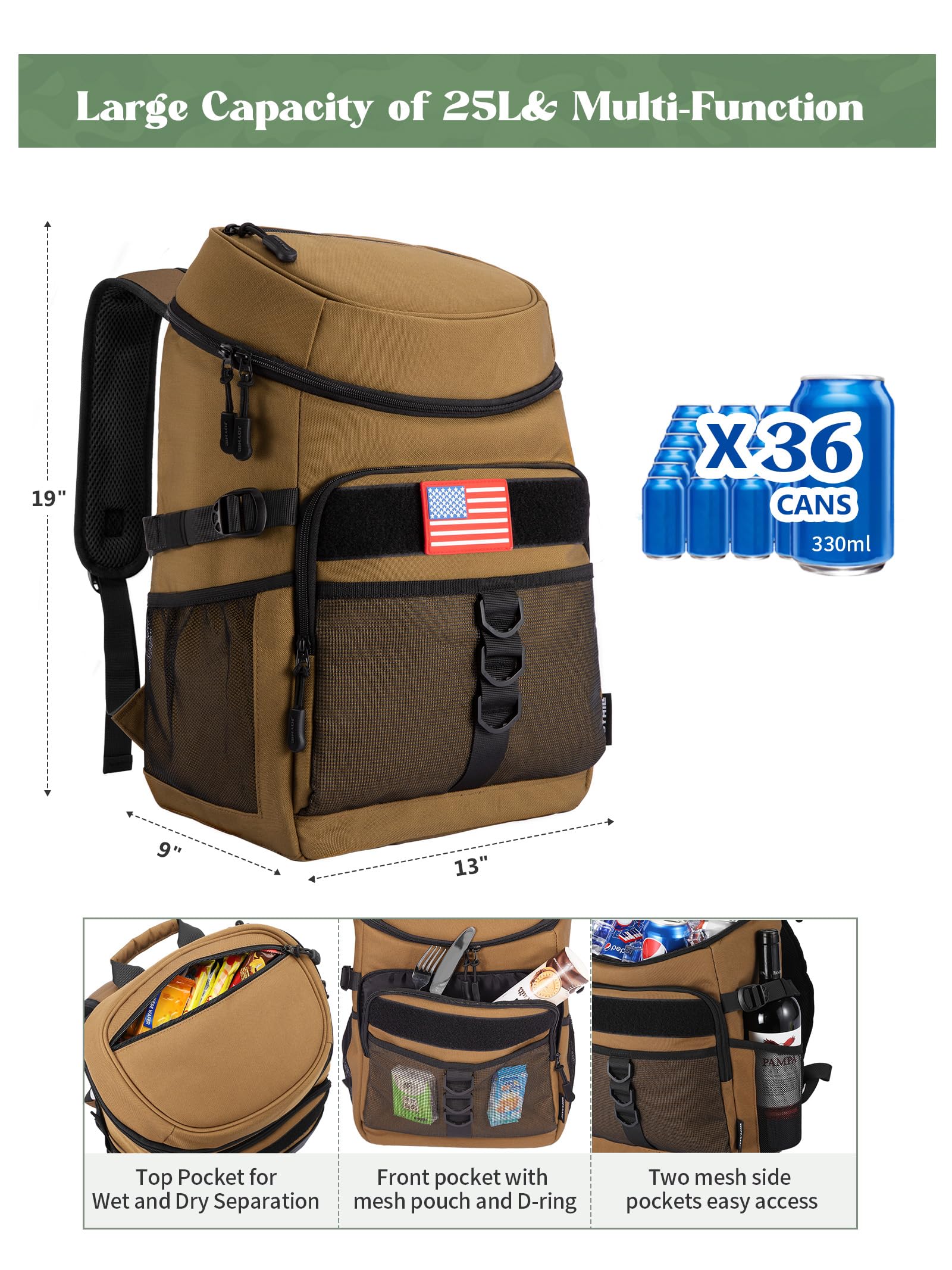 JOYHILL backpack cooler front pocket keeps keys and wallet organized on trips