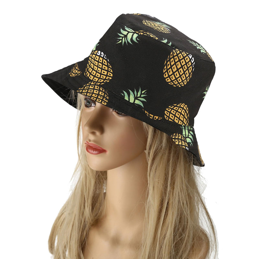Unisex tropical fruit bucket hat worn by a model