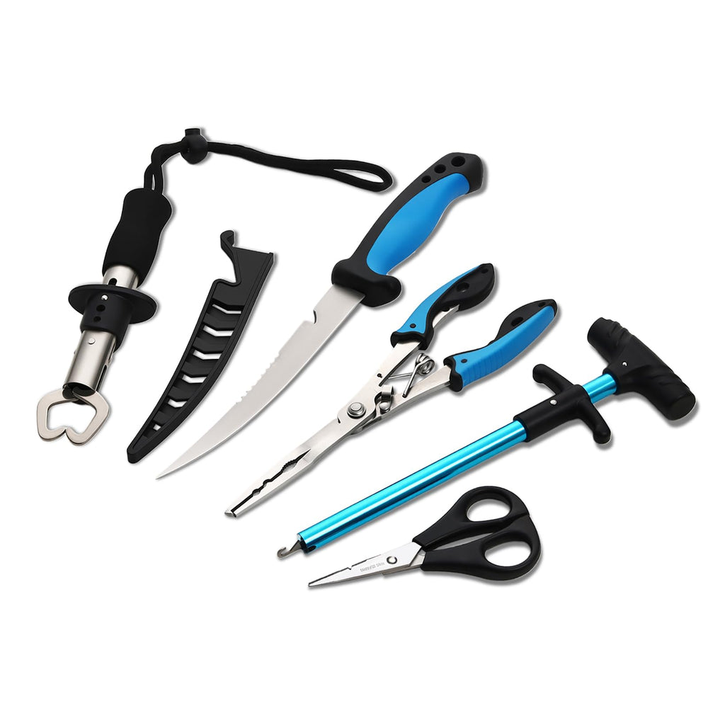 JOYOUSLIFE 5pc fishing tool-kit pliers showing secure grip during quick hook removal
