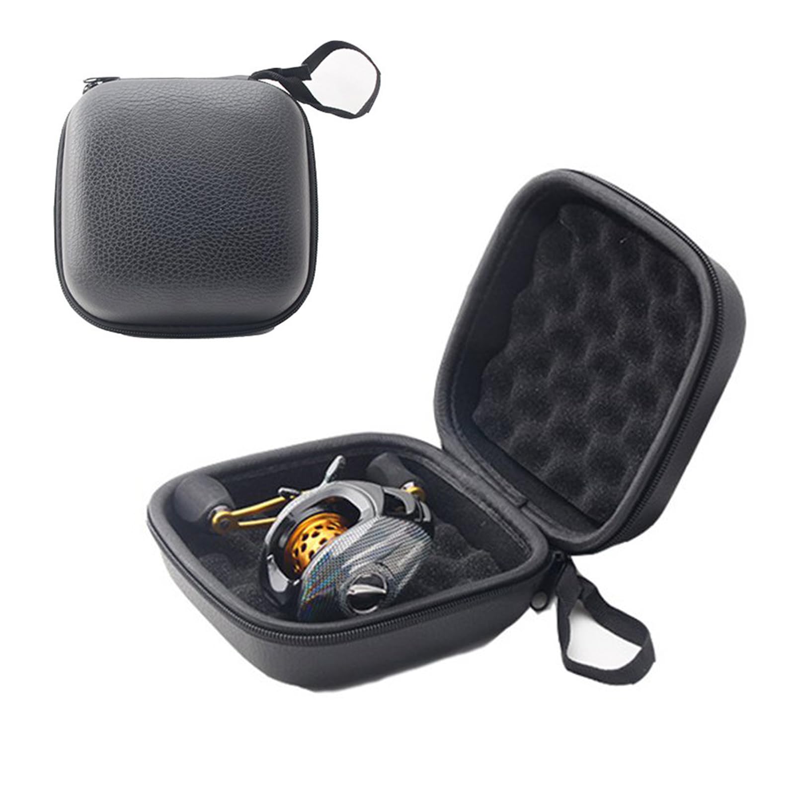 JOYSOG fishing reel bag front view in black shows rugged waterproof leather.