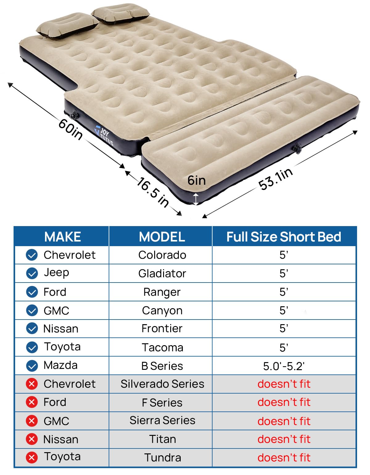 Joytutus 5ft truck bed mattress fits Tacoma and similar trucks for comfortable nights.