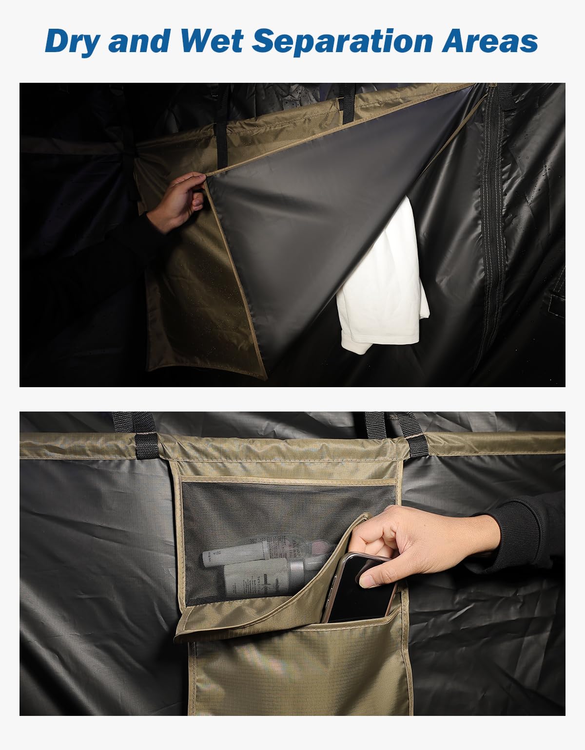 JOYTUTUS dry-wet separation highlights organized storage and moisture-free clothes during camping.