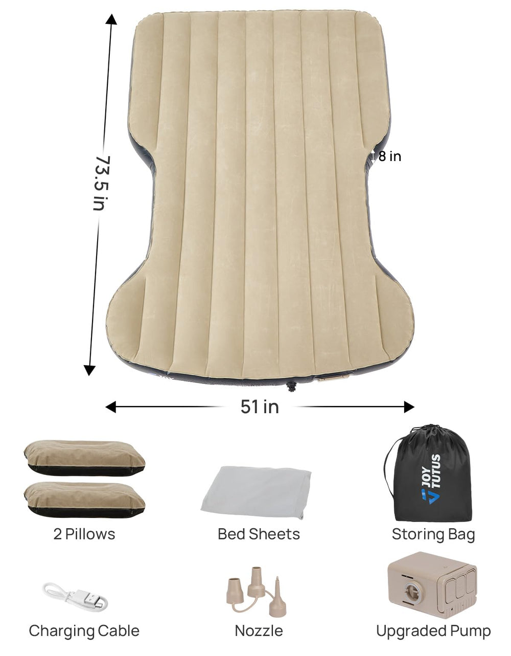 Joytutus Model Y air mattress built-in pump closeup highlights quick inflation.
