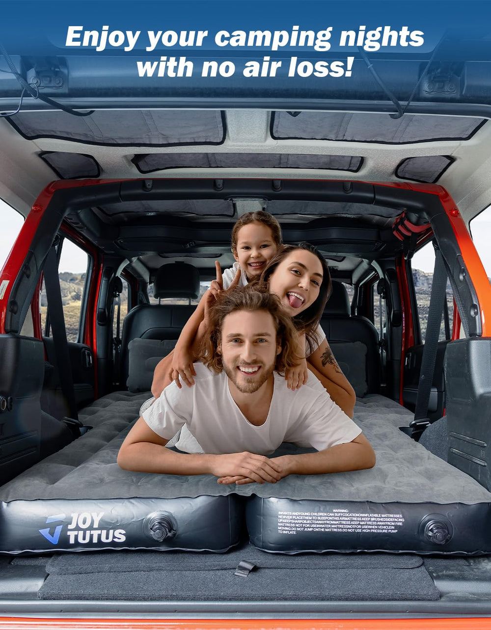 JOYTUTUS SUV air mattress in car to campsite layout for versatile camping.