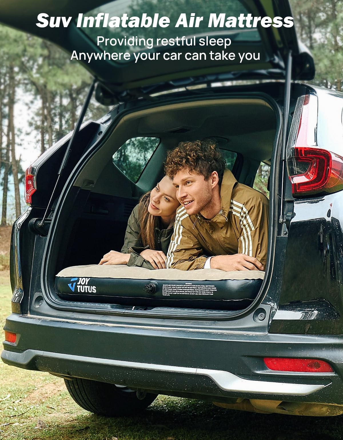 JOYTUTUS SUV air mattress in car back seat demonstrates comfortable road trip setup