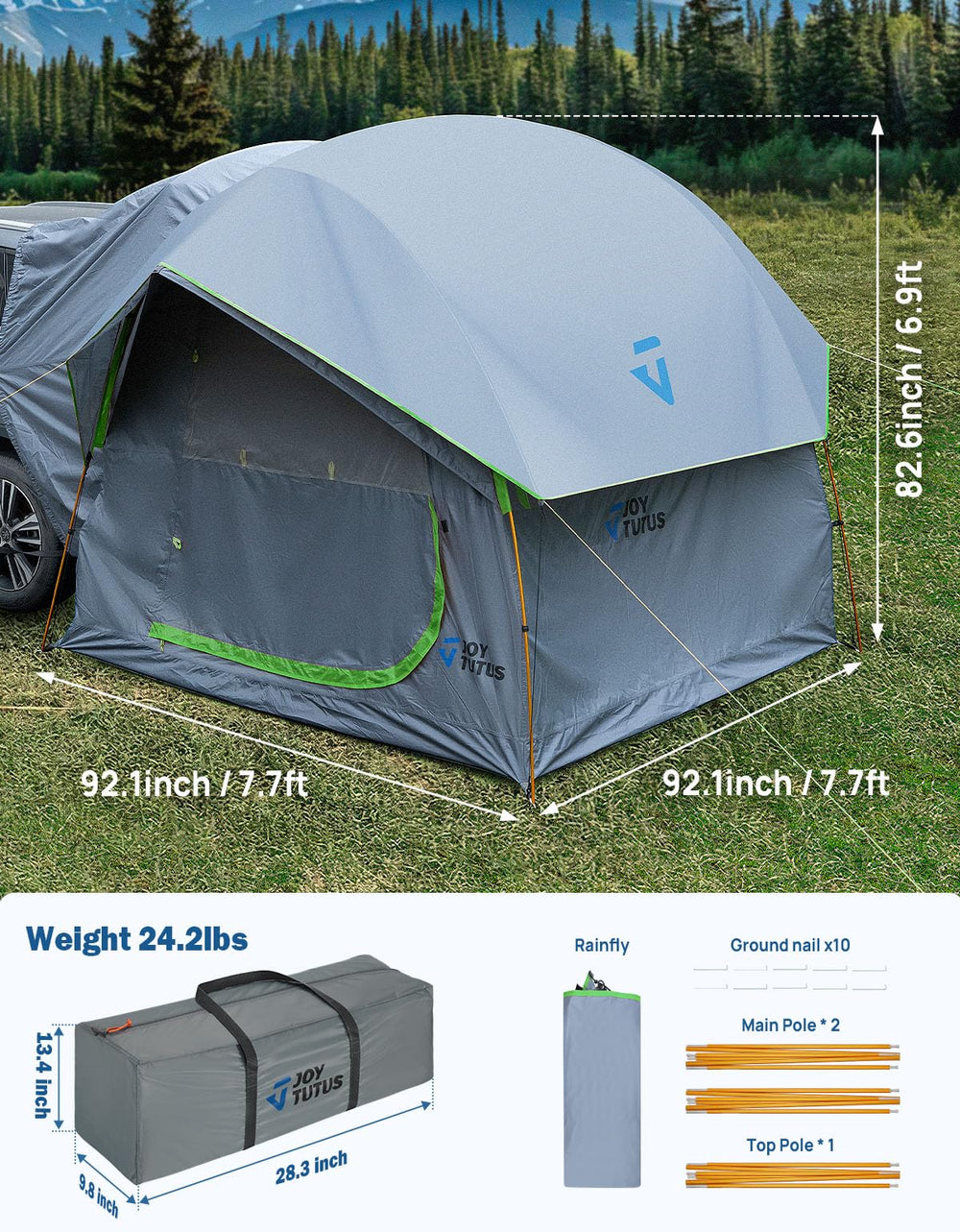 JOYTUTUS SUV Tent package includes stakes and ropes for secure pitch