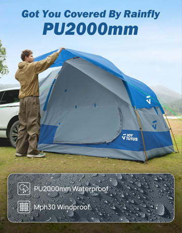 JOYTUTUS SUV Tent size-capacity indicating space for 4-6 adults and 2 kids.