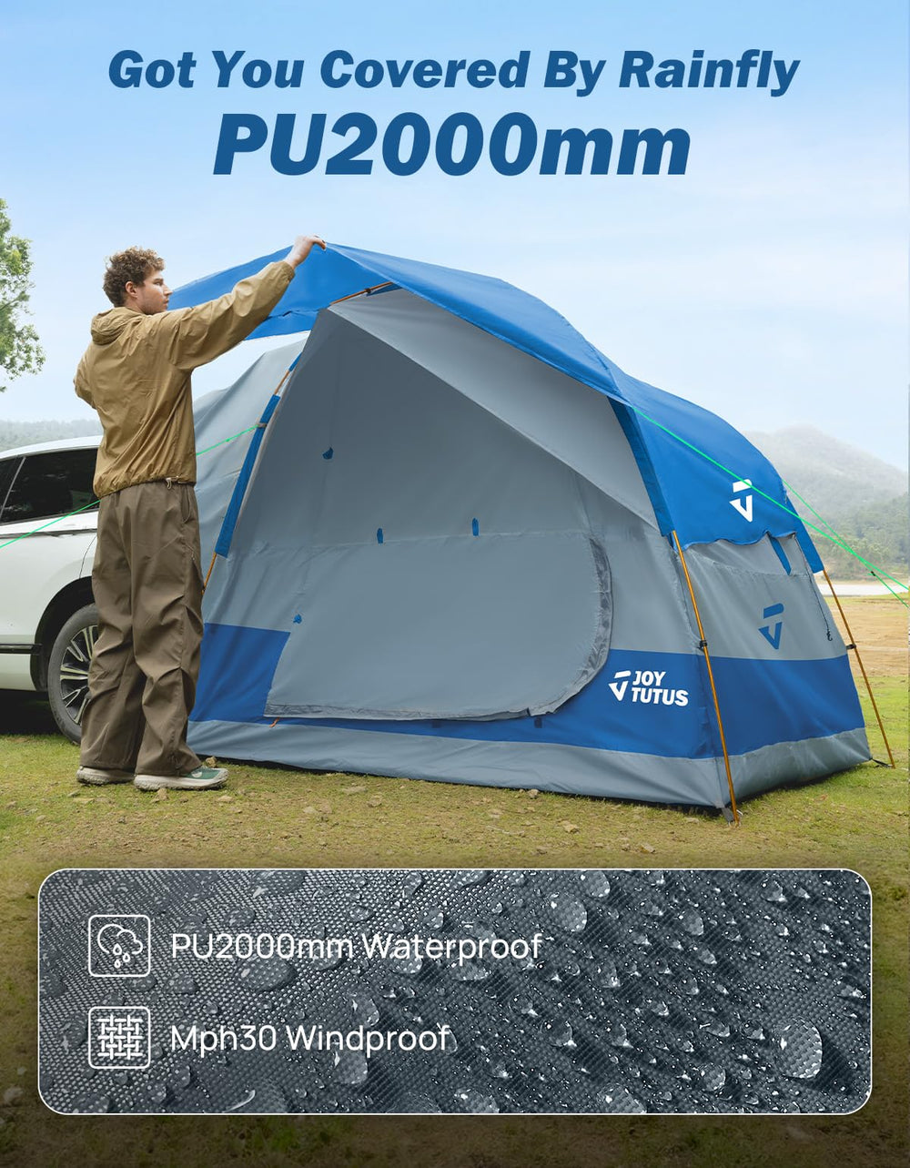 JOYTUTUS SUV Tent size-capacity indicating space for 4-6 adults and 2 kids.