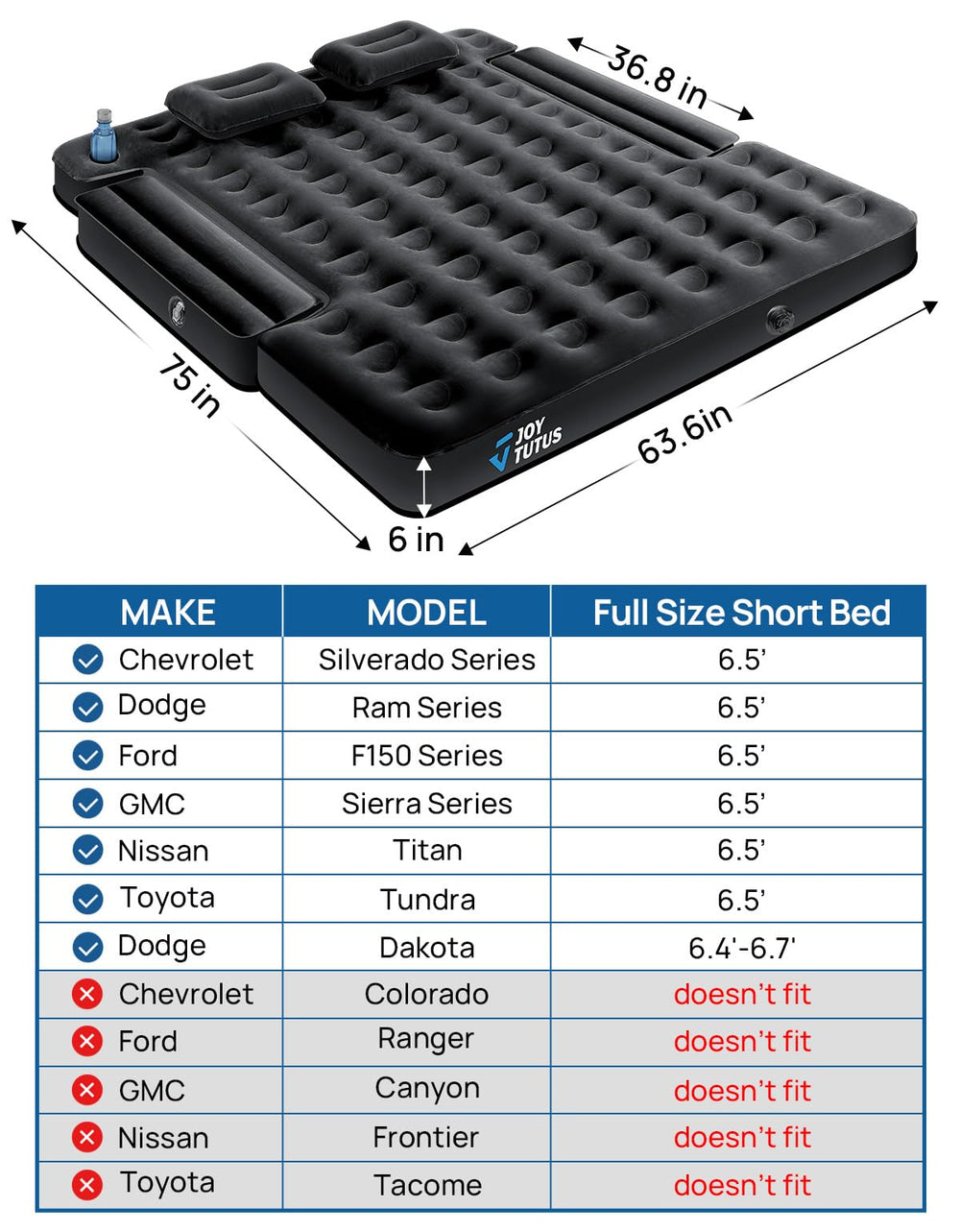 JoyTUTUS air mattress inflates quickly with two-in-one car pump for convenience.