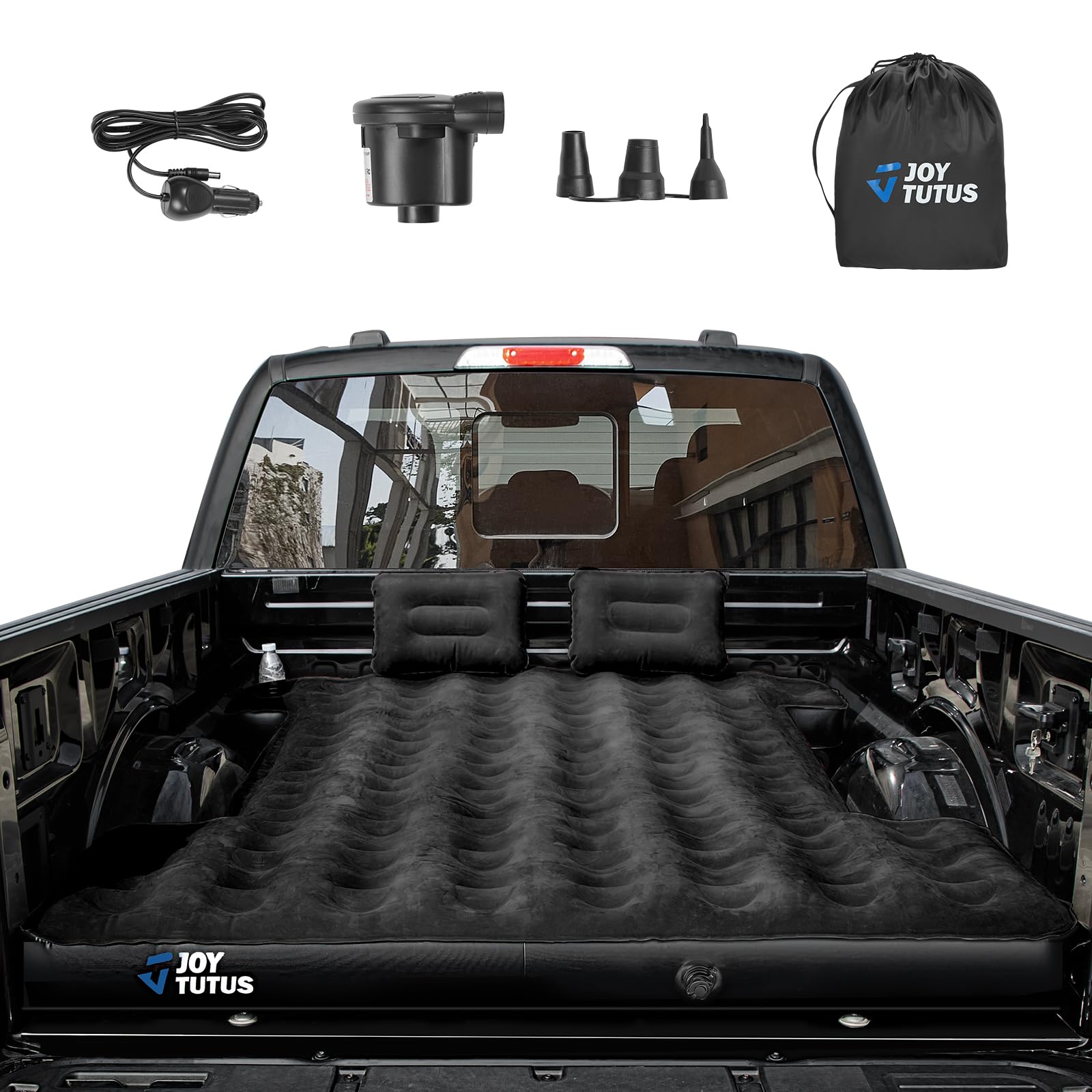 JOYTUTUS truck bed air mattress side view highlights plush flocking and stable support