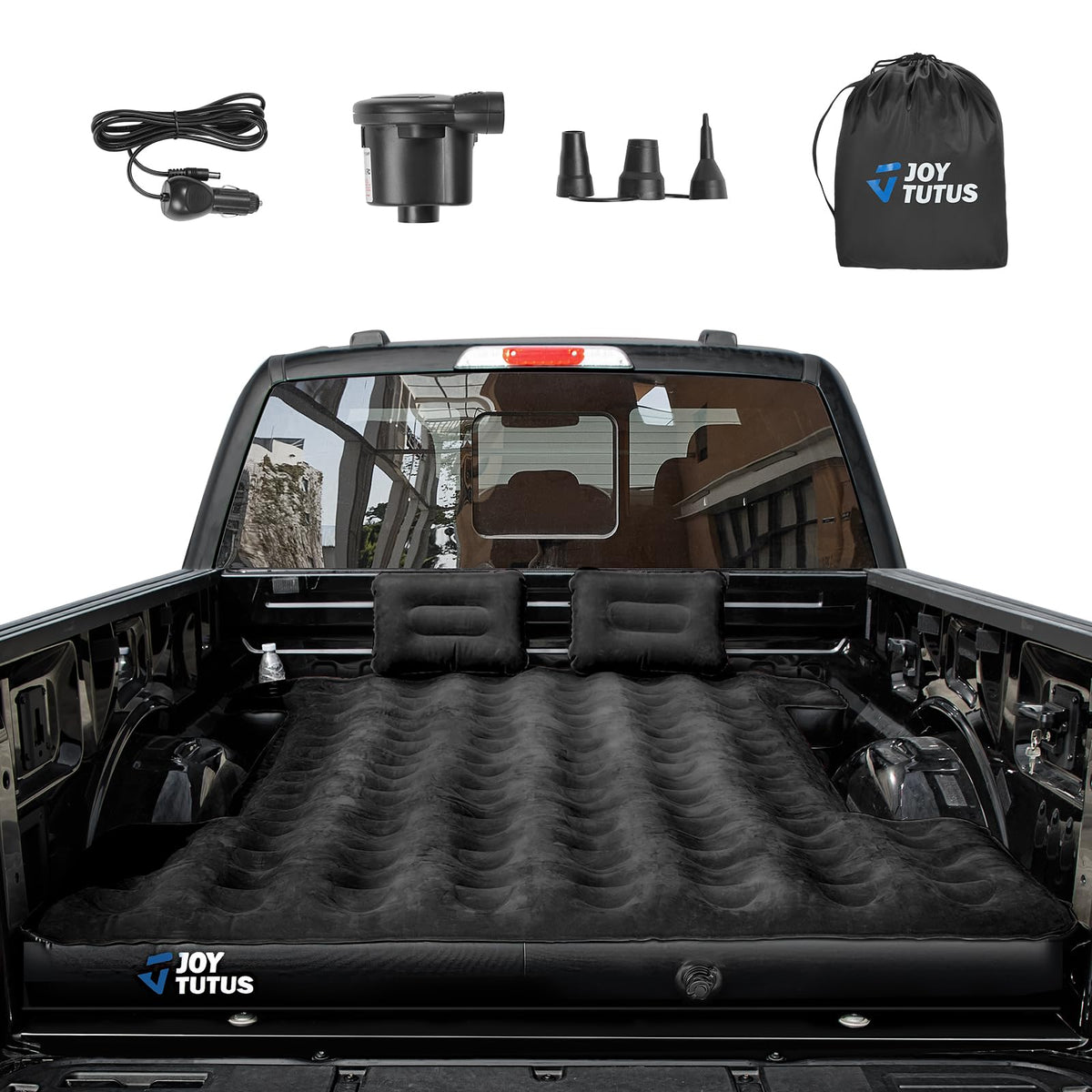 JOYTUTUS truck bed air mattress side view highlights plush flocking and stable support