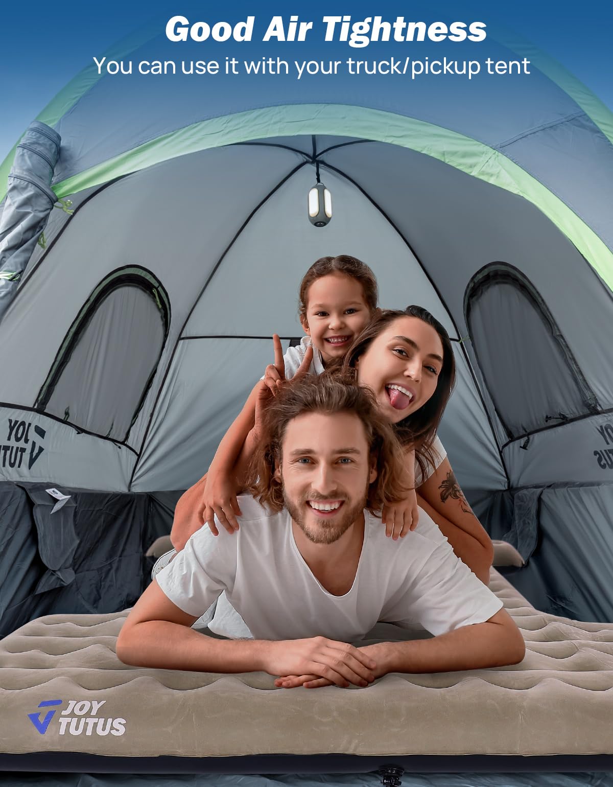 JOYTUTUS Upgraded Light Truck Bed Air Mattress black front view demonstrates versatile color option for rugged use.