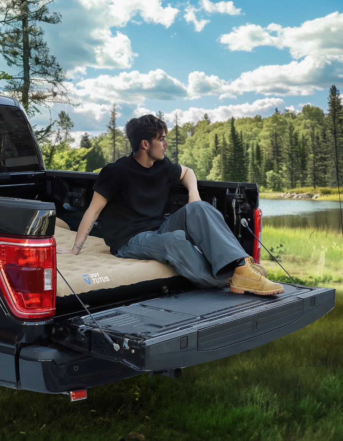 JOYTUTUS Upgraded Light Truck Bed Air Mattress camel side profile shows durable construction for camping.