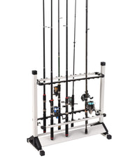 Vertical ground display rack capable of holding up to 24 fishing rods
