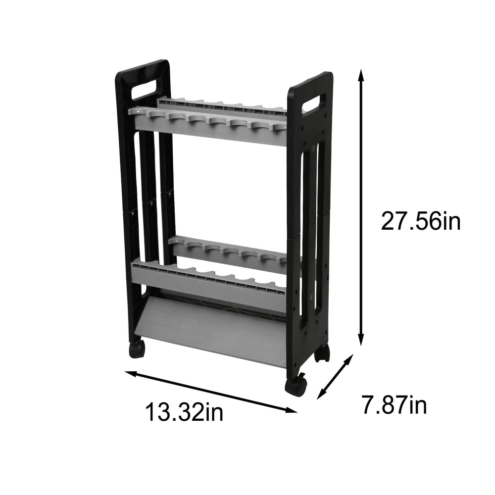 Portable wheeled fishing rod holder shown in garage setting