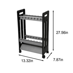Portable wheeled fishing rod holder shown in garage setting