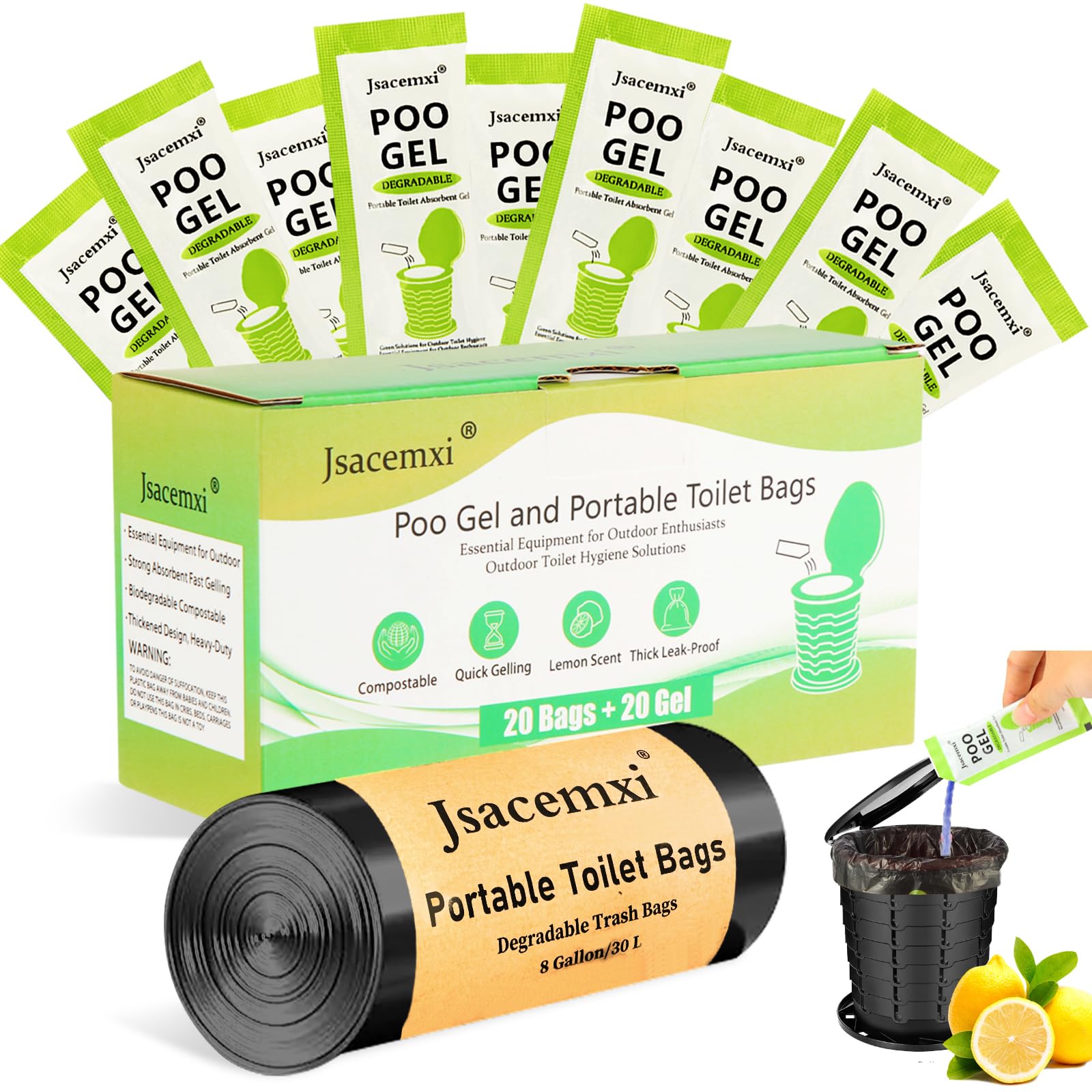 Jsacemxi 8Gal camping toilet bags ready for portable toilet use on outdoor trips.