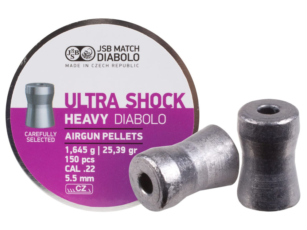 JSB Ultra Shock .22 cal hollowpoint pellets for precise target practice and reliable performance.