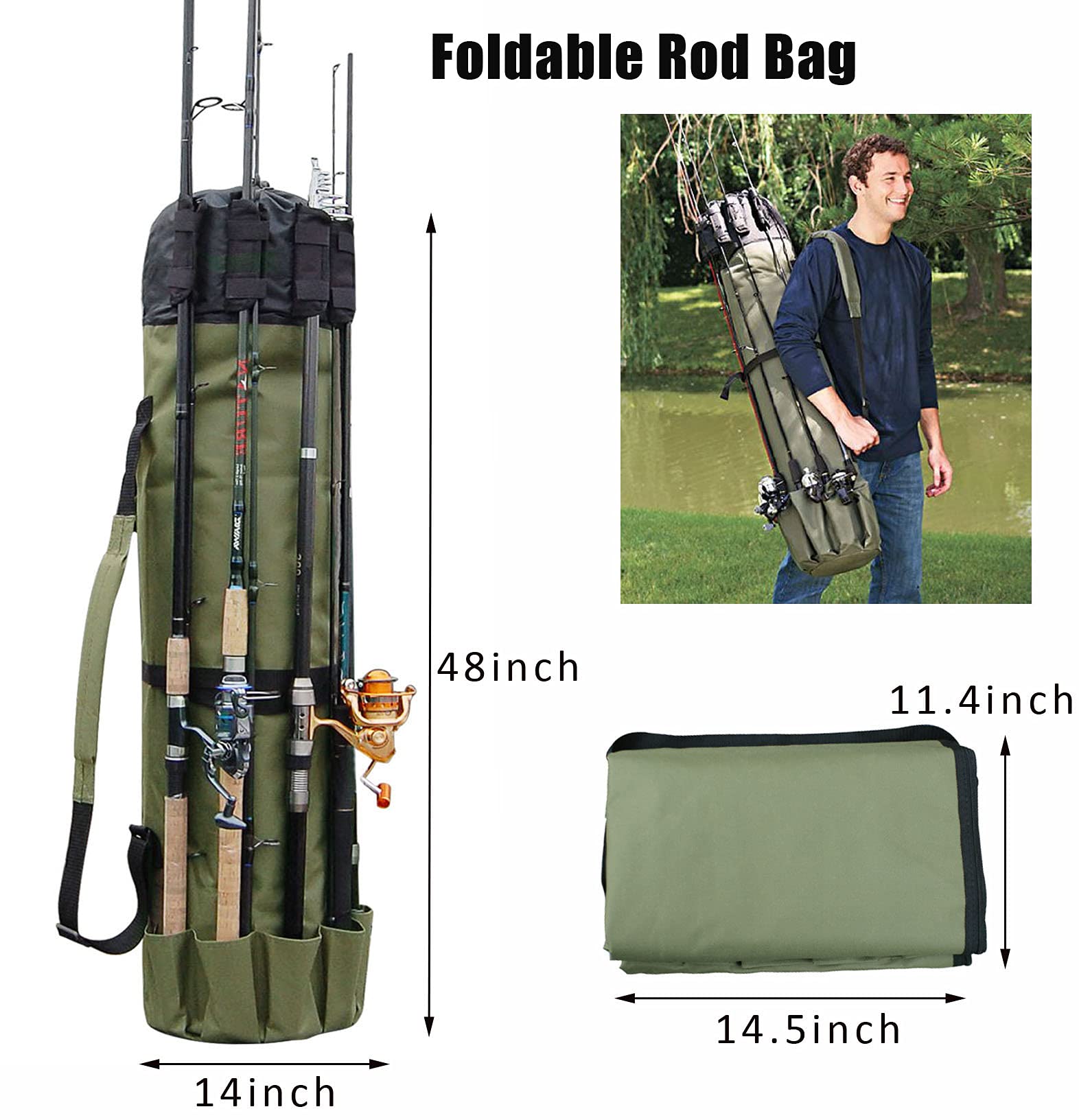 Canvas fishing bag unfolded showing dimensions 48" L x 14" D