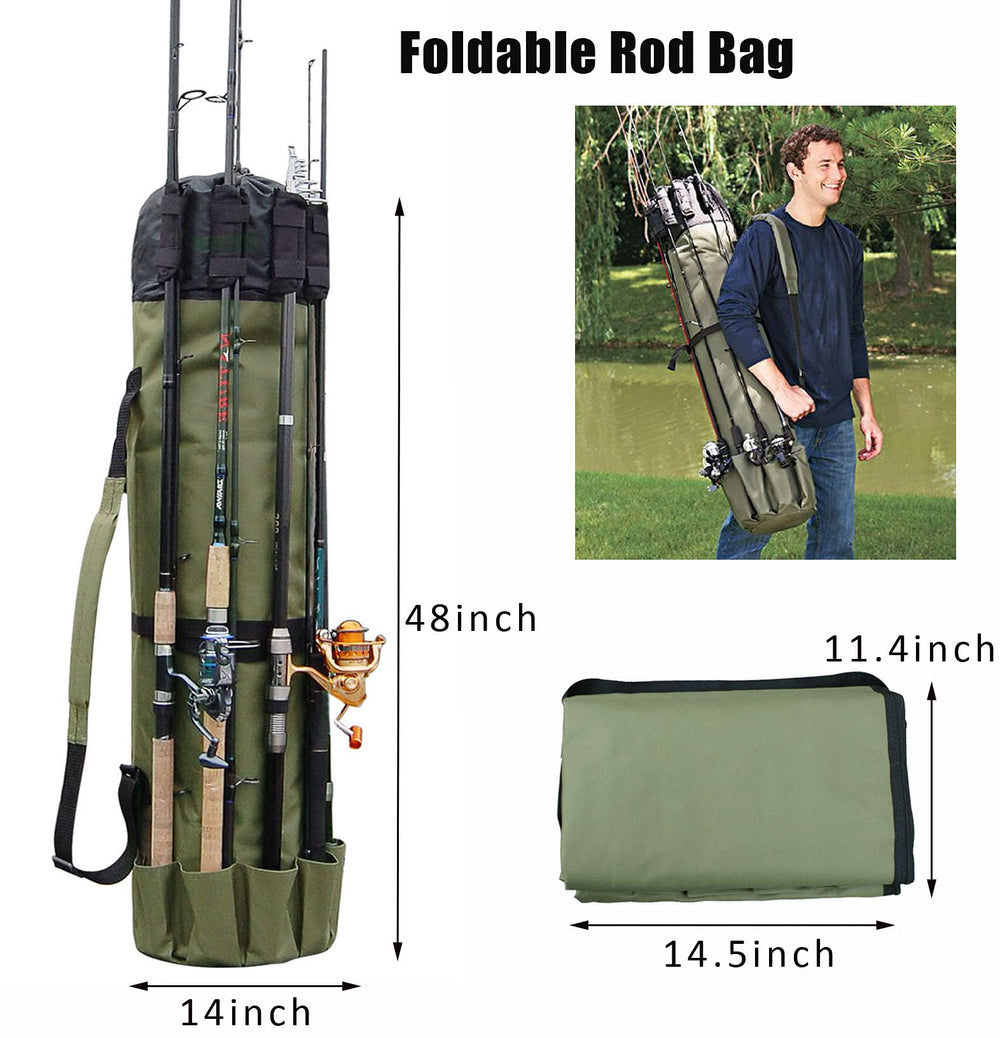Canvas fishing bag unfolded showing dimensions 48" L x 14" D