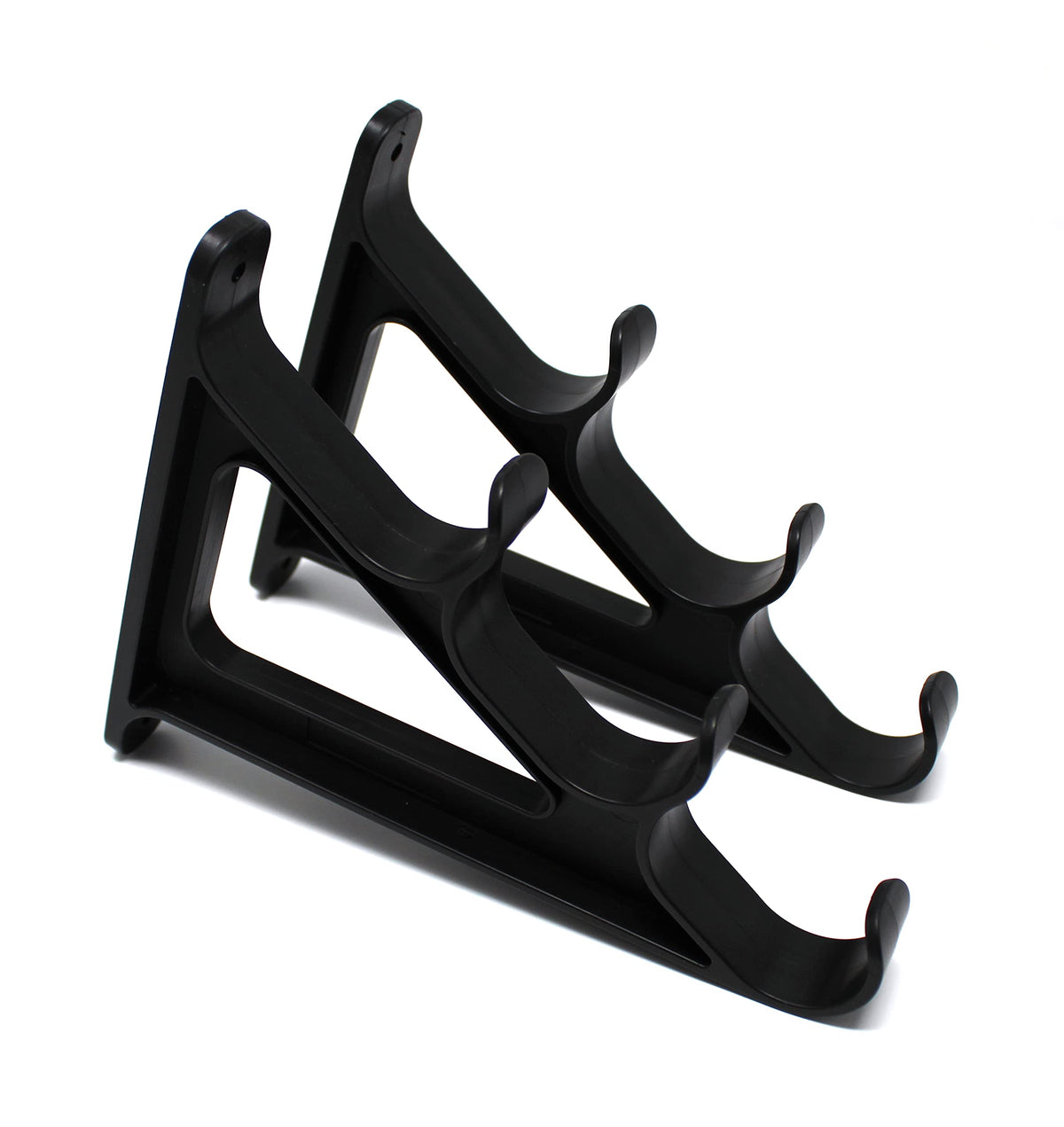 JSP Manufacturing plastic horizontal rod wall rack mounted on wall holding three rods for organized storage.