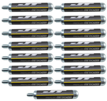 JT 90g CO2 cartridge 15-pack compatible with 88g systems for paintball and air rifles.