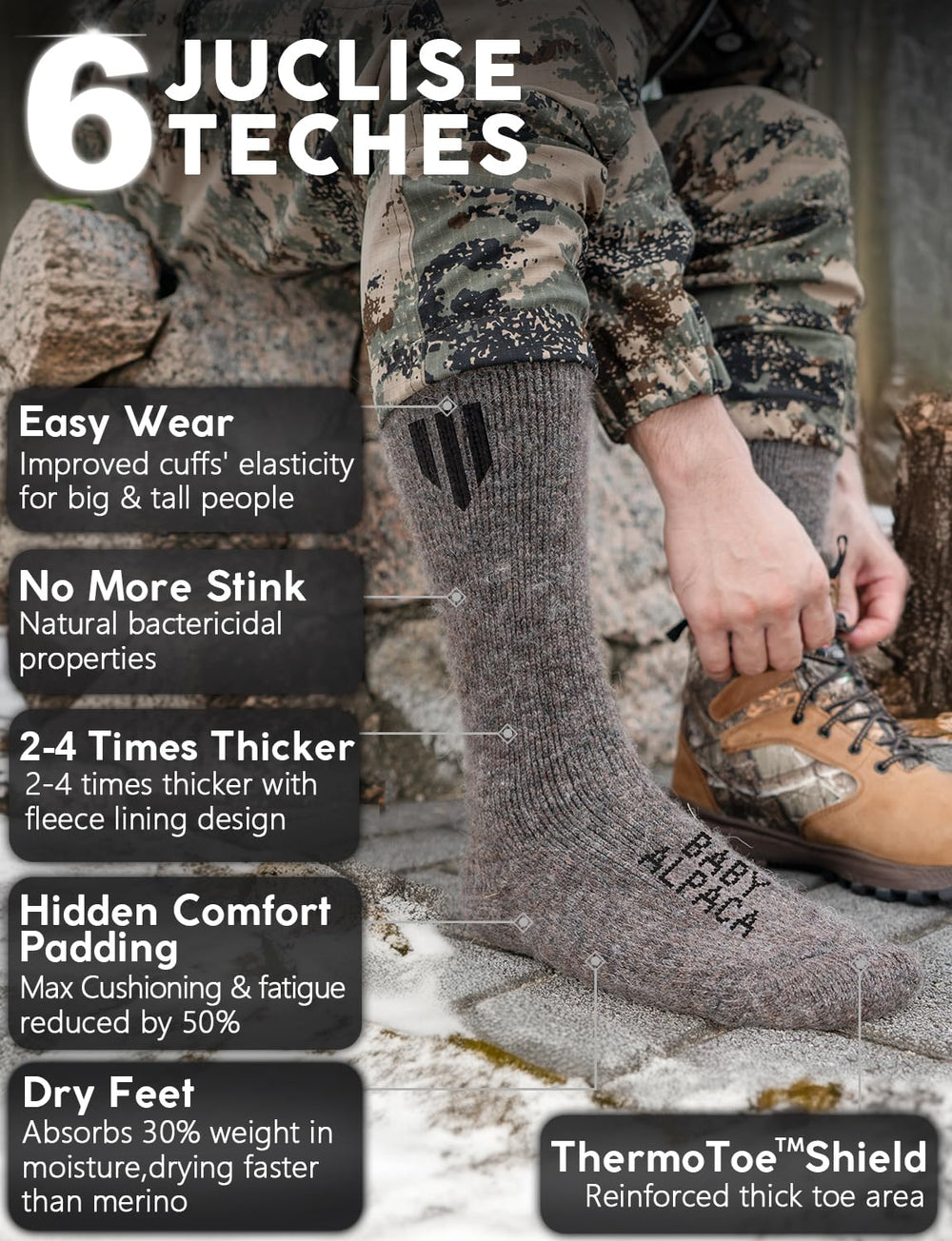Juclise Alpaca Boot Socks ribbed cuff shows secure fit for winter wear.