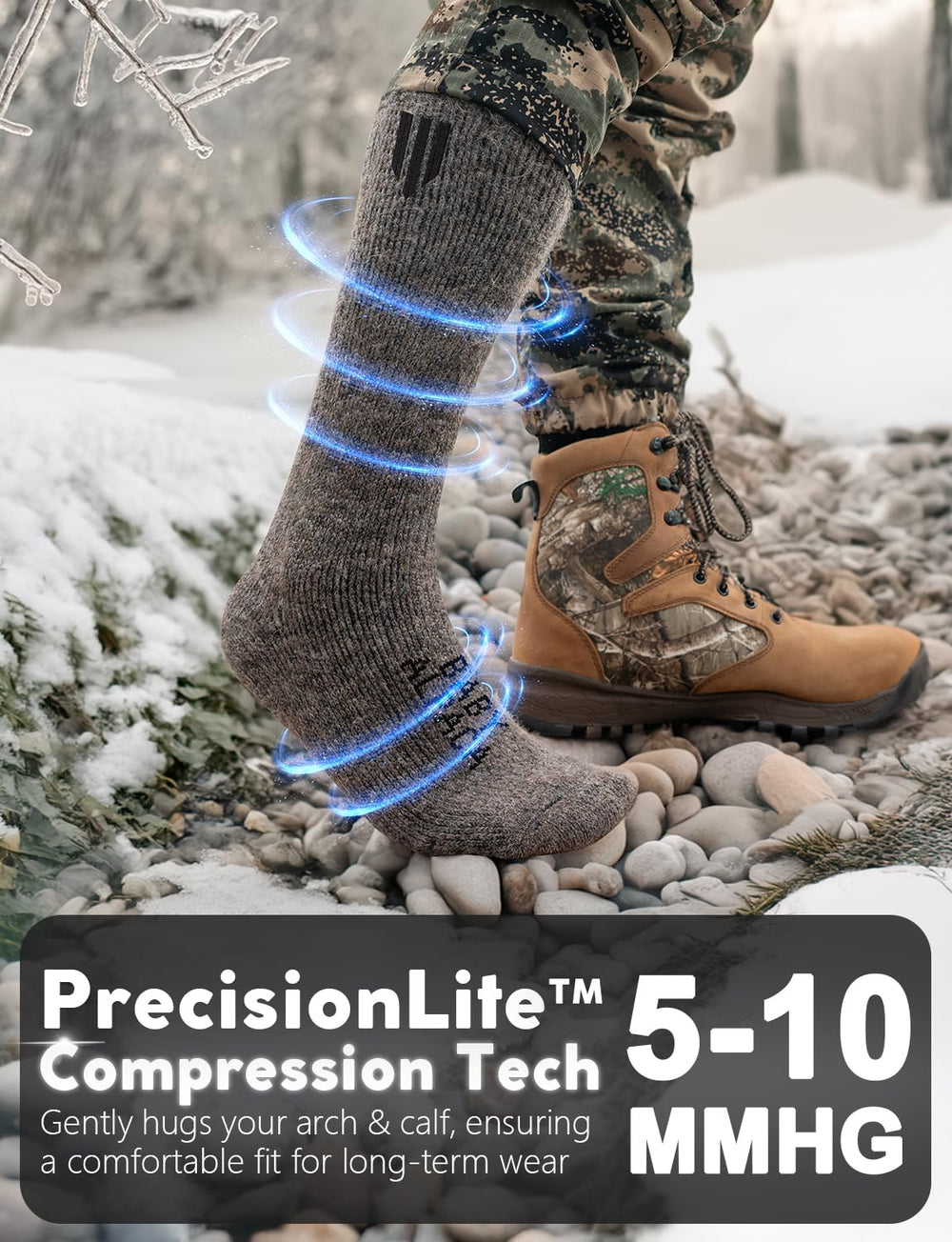 Juclise Alpaca Boot Socks on boots, ideal for winter hiking.