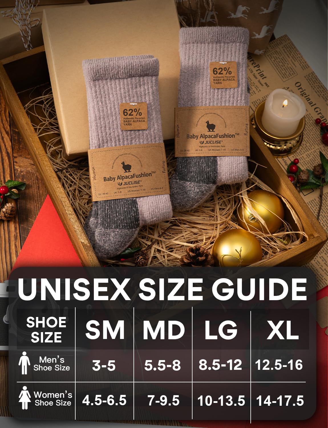 Juclise Alpaca Wool Hiking Socks thermal top view showing fleece lining for dry feet.