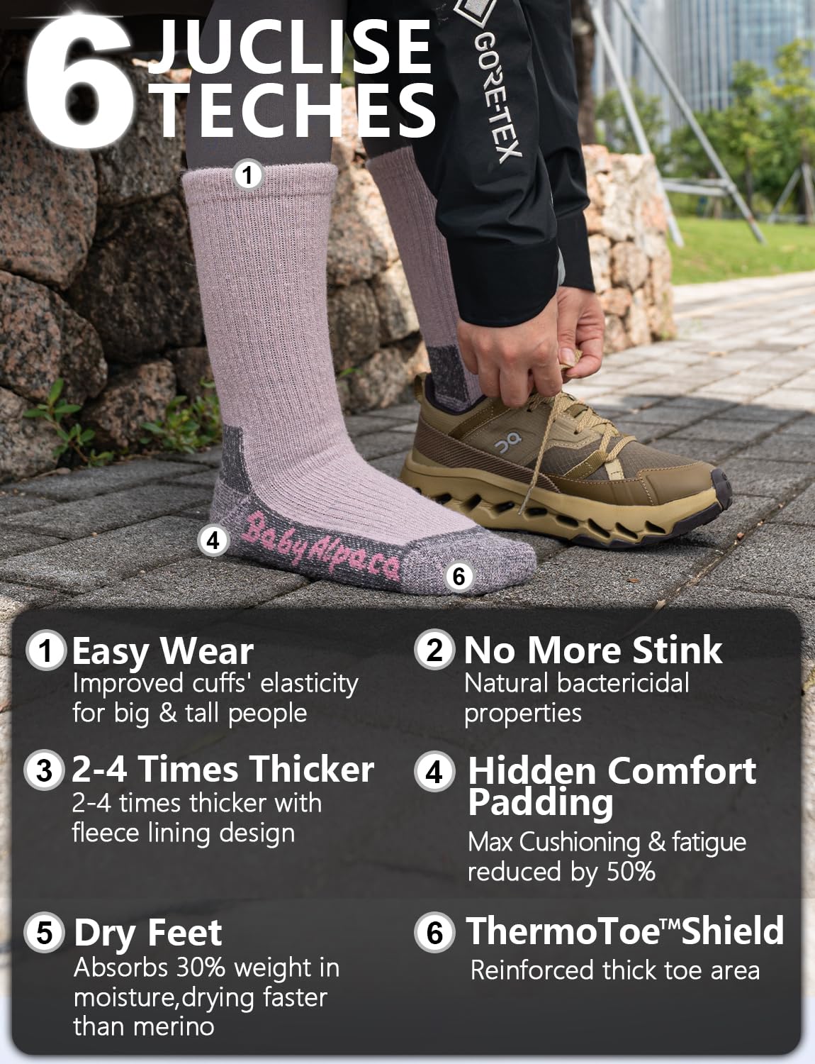 Juclise Alpaca Wool Hiking Socks thick toe shield area for warmth in cold weather.